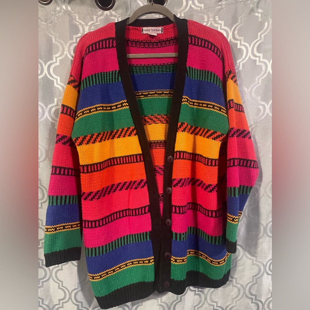 Vintage Reed Hunter Colorful Knit Cardigan Sweater, Women’s M Unique Pretty